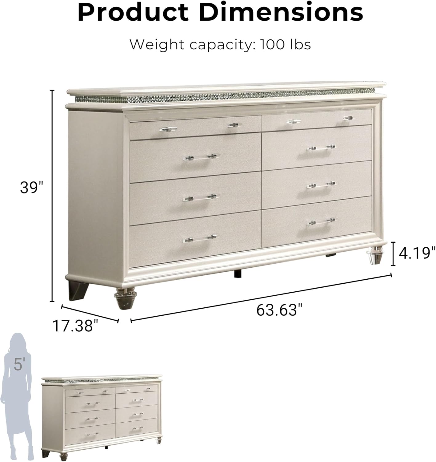 HOMES: Inside + Out Bevill Modern Wood 2-Piece Nightstand with 8-Drawer Dresser Set for Bedroom, Pearl White and White