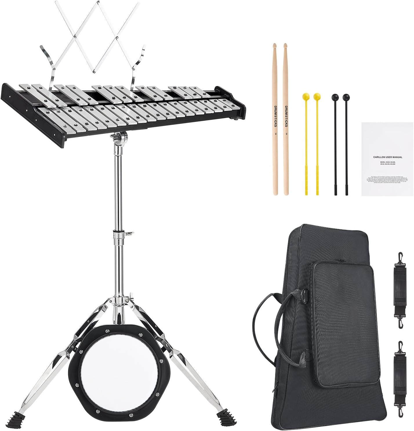 Happybuy 30-Note Glockenspiel Xylophone Bell Kit, Percussion Set with Mallets, Drum Sticks, Music Stand, 8' Practice Pad, Adjustable Stand, Carrying Bag, for Students & Adults