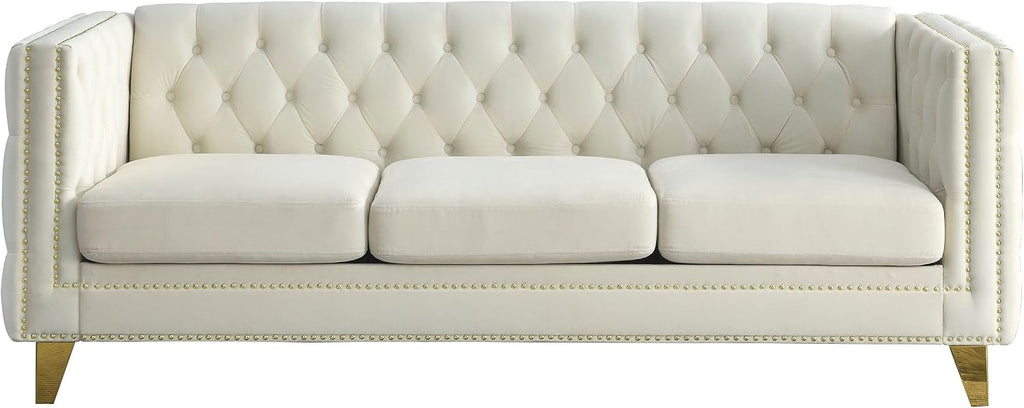 KEIKI Tufted Velvet 3+2 Seat Sofa Couch for Living Room, Buttons Tufted Square Arm Couch for Home Apartment, Beige
