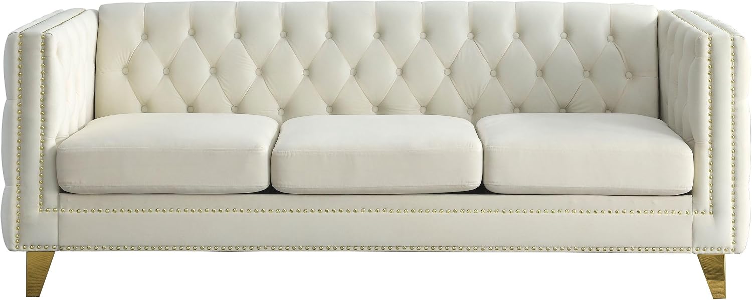 KEIKI Tufted Velvet 3+2 Seat Sofa Couch for Living Room, Buttons Tufted Square Arm Couch for Home Apartment, Beige