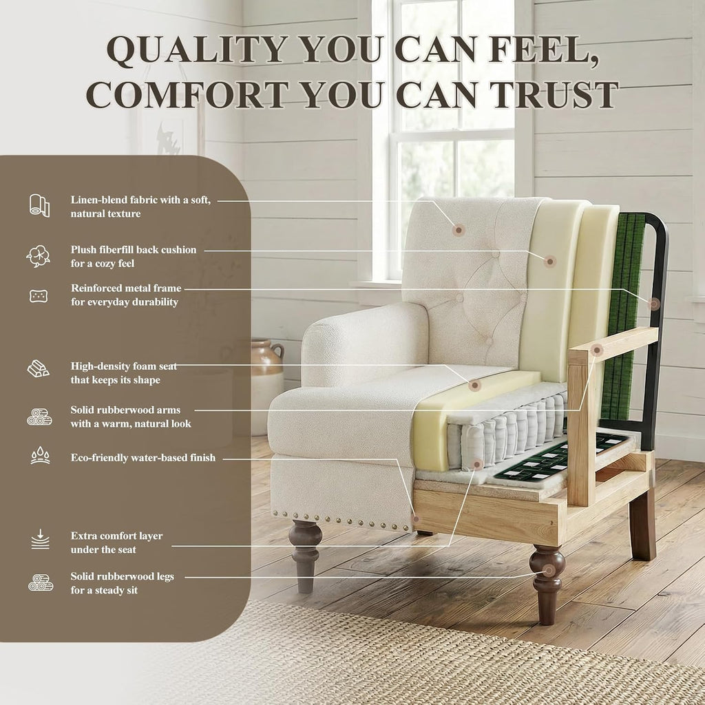 MALOL Upholstered Accent Chair, Comfy Reading Chair for Living Room, Mid Century Modern Armchair with Thick Cushion & Solid Rubberwood Legs, for Bedroom/Small Spaces, Beige