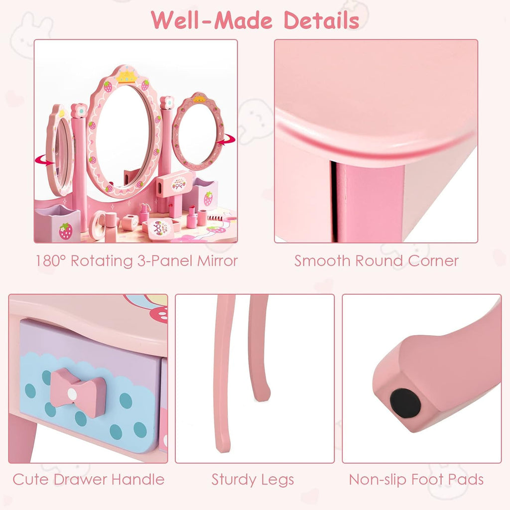 HONEY JOY Kids Vanity, Strawberry Princess Wooden Makeup Dressing Table & Chair Set w/Real Glass Tri-Fold Oval Mirror & Accessories, Detachable Top, Pretend Play Vanity Set for Little Girls(Pink)