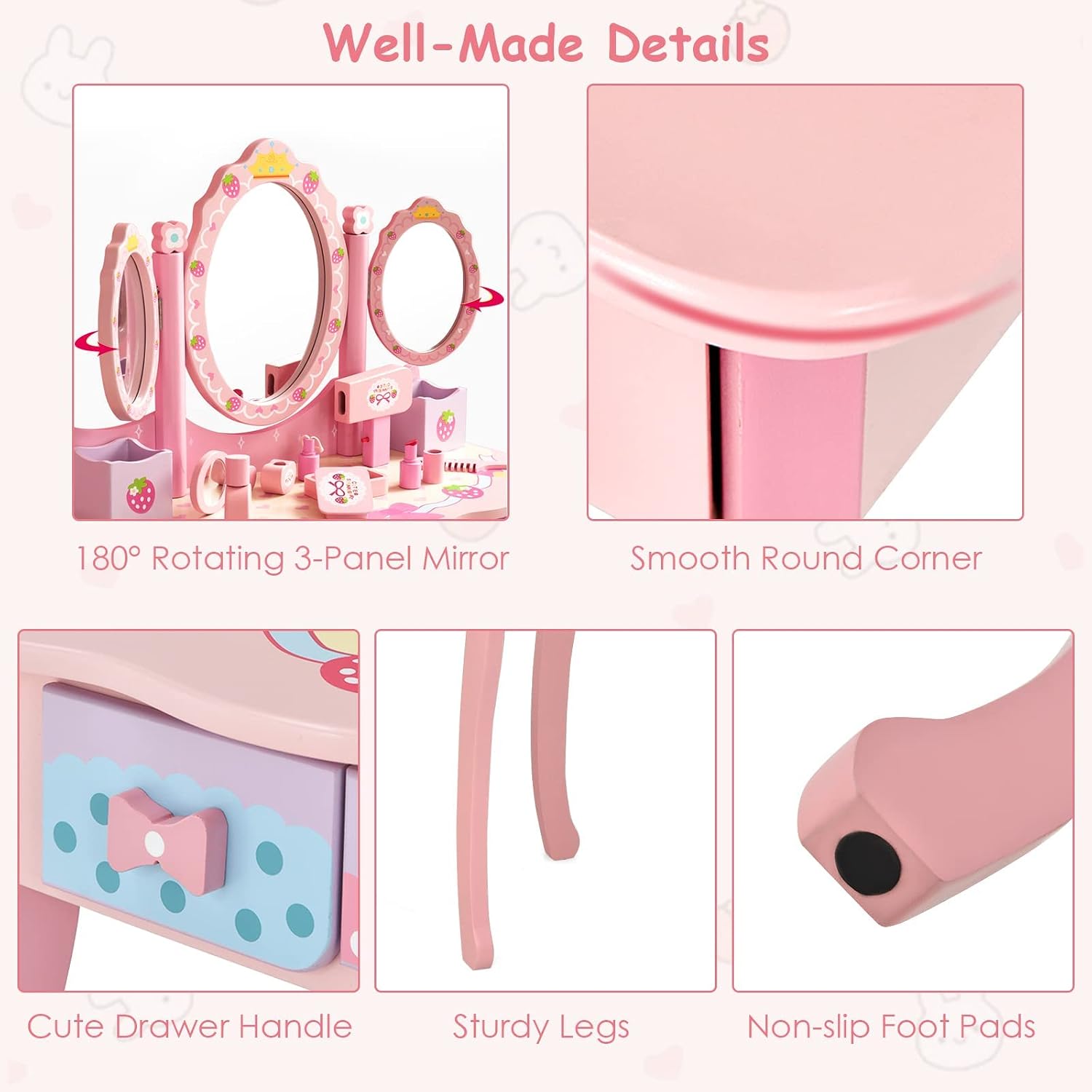 HONEY JOY Kids Vanity, Strawberry Princess Wooden Makeup Dressing Table & Chair Set w/Real Glass Tri-Fold Oval Mirror & Accessories, Detachable Top, Pretend Play Vanity Set for Little Girls(Pink)
