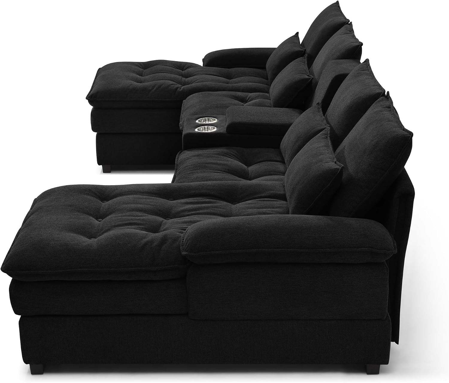 KEIKI 6 seat U-Shaped Sofa with Storage Console, Cup Holders, 130' Upholstered Sectional Sofa, Button Tufted Cloud Cushion Couch for Home, Office, Black