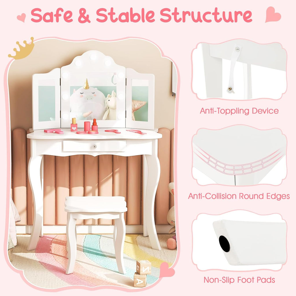 HONEY JOY Kids Vanity Set with Lighted Mirror, 2 in 1 Princess Toddler Dressing Table w/Tri-Fold Mirror & Drawer, Wooden Makeup Table & Chair Set, Pretend Play Vanity Set for Little Girls (White)