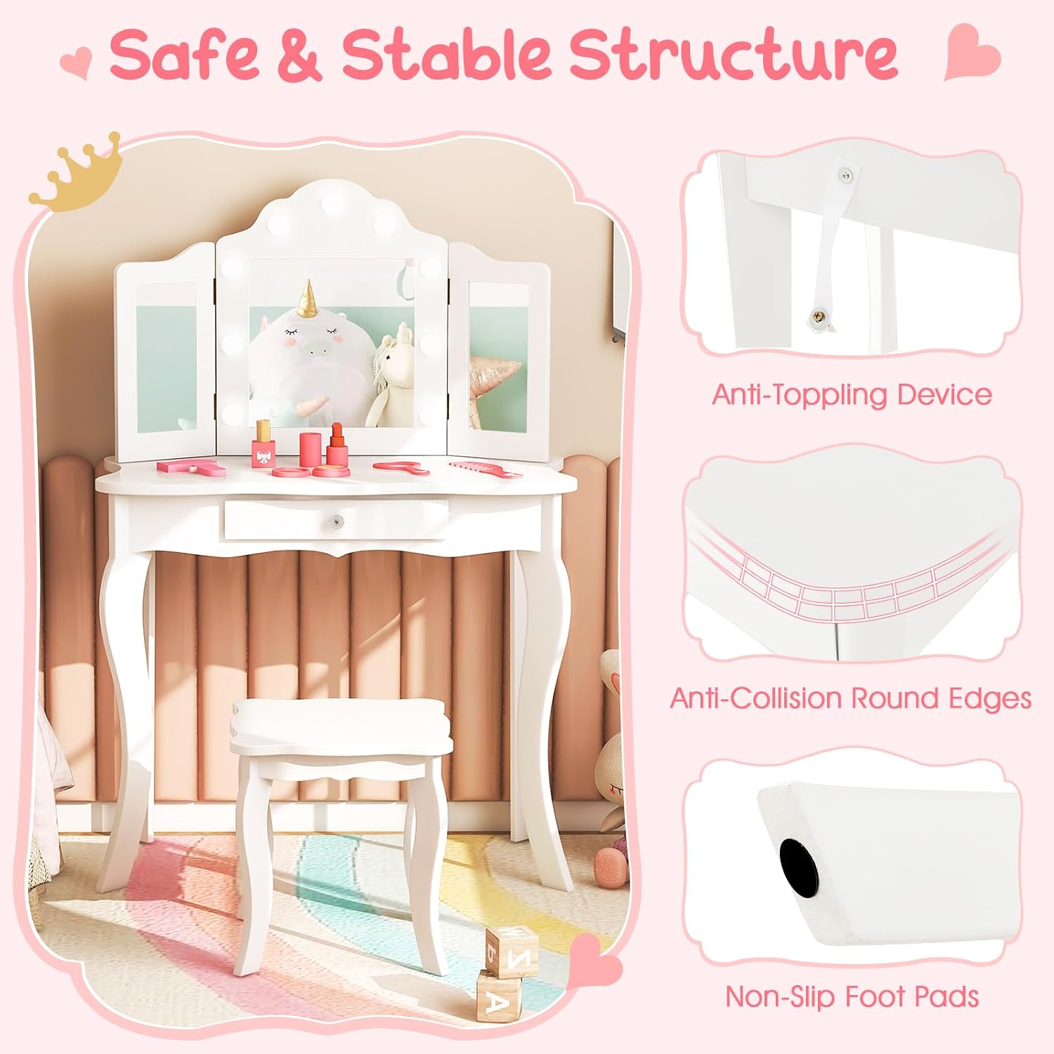 HONEY JOY Kids Vanity Set with Lighted Mirror, 2 in 1 Princess Toddler Dressing Table w/Tri-Fold Mirror & Drawer, Wooden Makeup Table & Chair Set, Pretend Play Vanity Set for Little Girls (White)