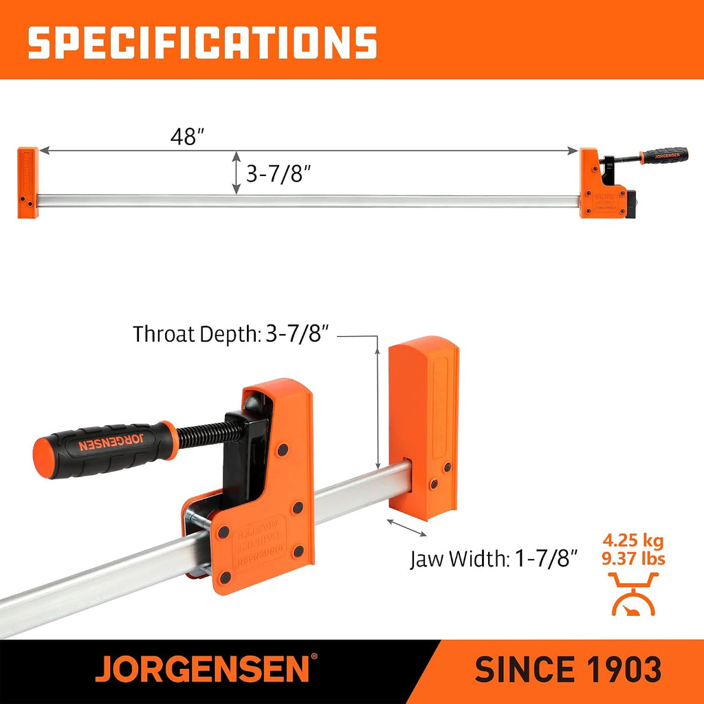 JORGENSEN 48-inch Bar Clamps, 90°Cabinet Master Parallel Jaw Bar Clamp Set, 2-pack