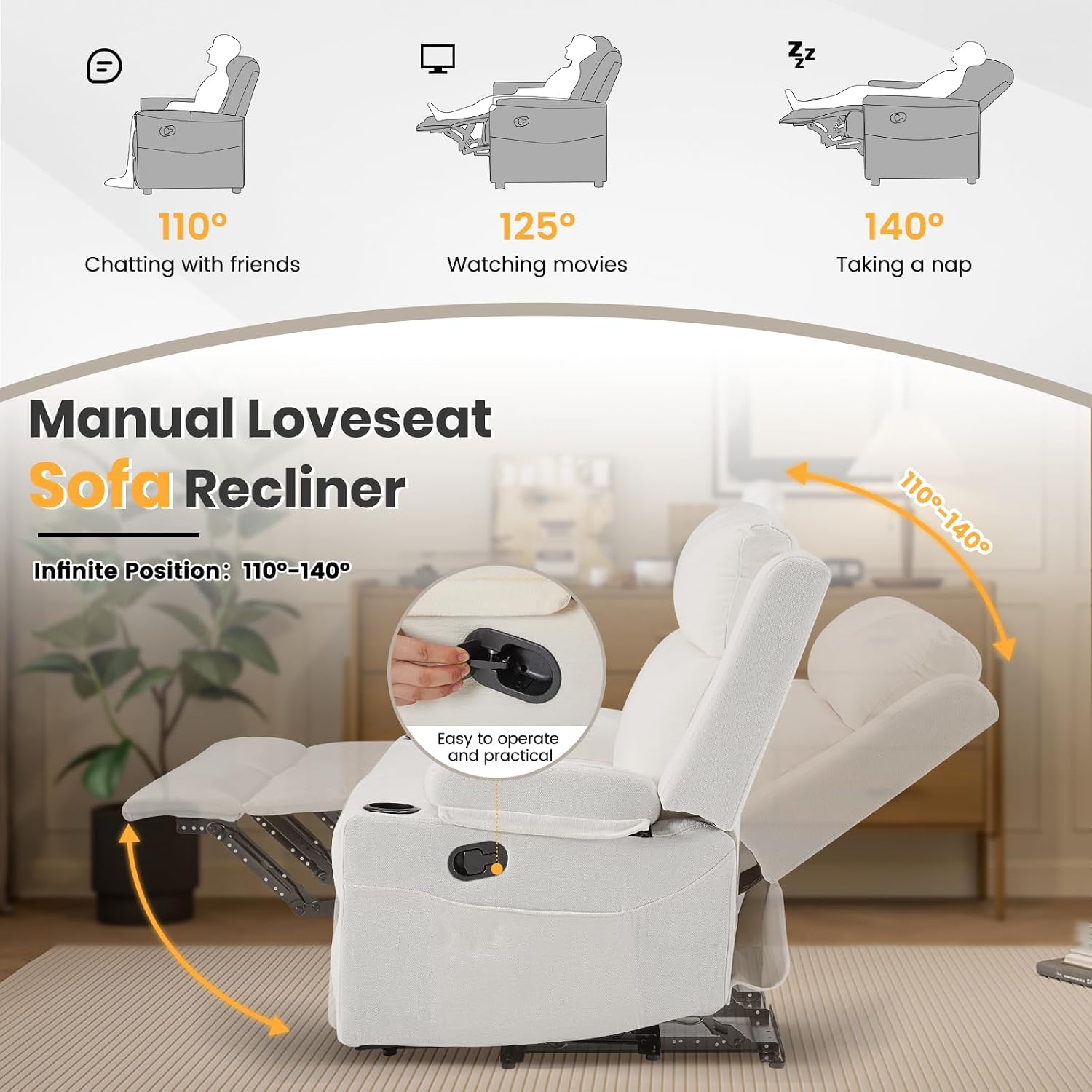 Loveseat Recliner, Loveseat Sofa with Adjustable Footrest, Wall Hugger Recliner for Living Room & Home Theater & RV(Beige)