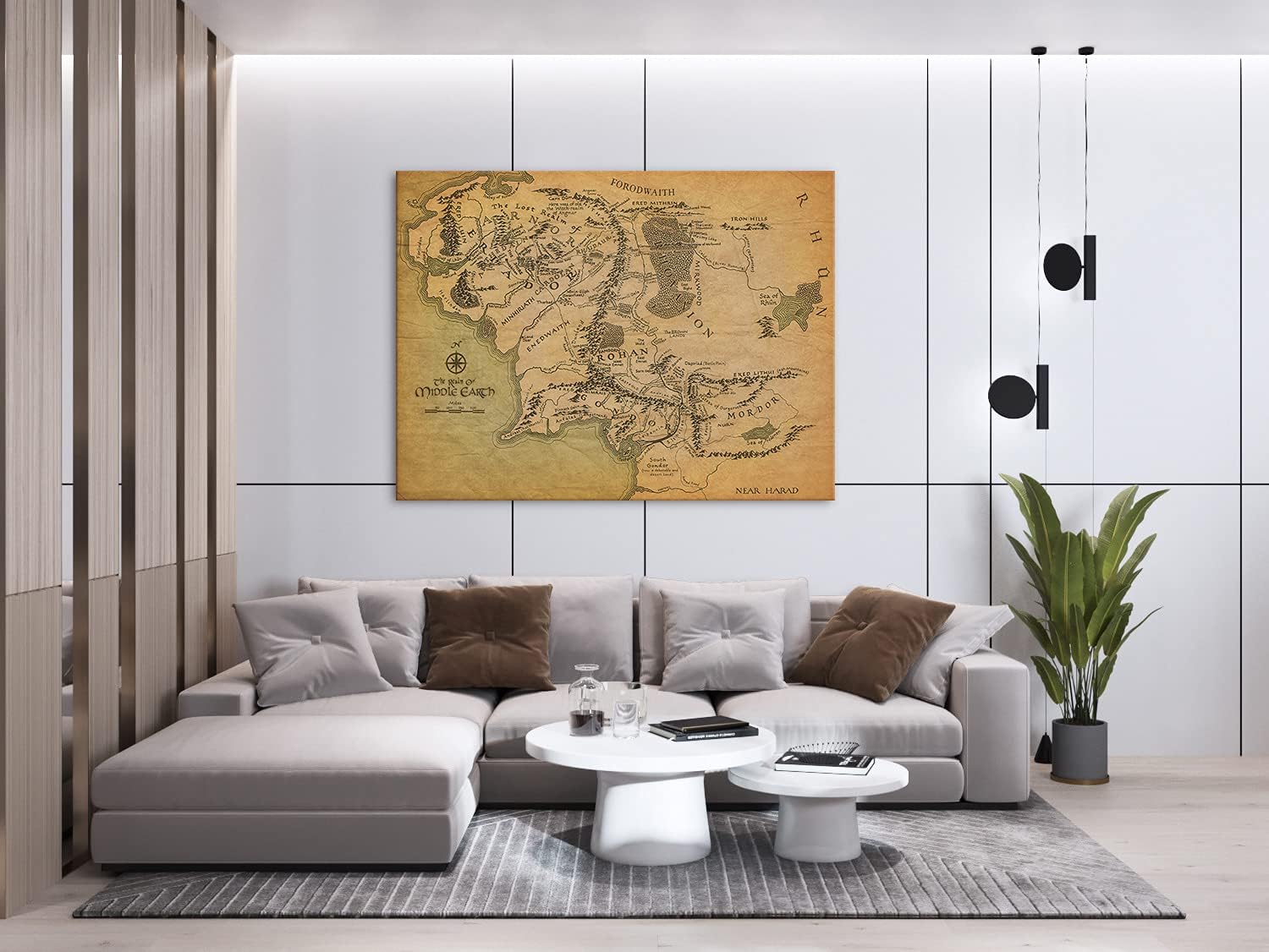 GUTTATY Middle Earth Map Canvas Wall Art Movie HD Print - Retro Painting for Home Decor, Vintage World Poster Framed Artwork Office Decor (32''Hx48''W)