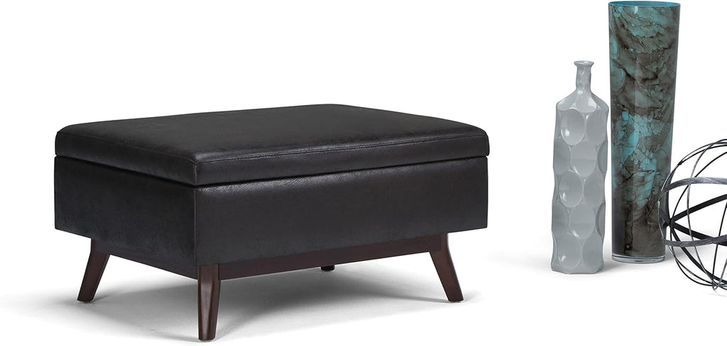 SIMPLIHOME Owen Coffee Table Storage Ottoman - 34' Wide x 19' High Upholstered Vegan Leather Rectangular Lift-Top Ottoman in Distressed Black, Mid-Century Bench for Living Room with Tapered Legs