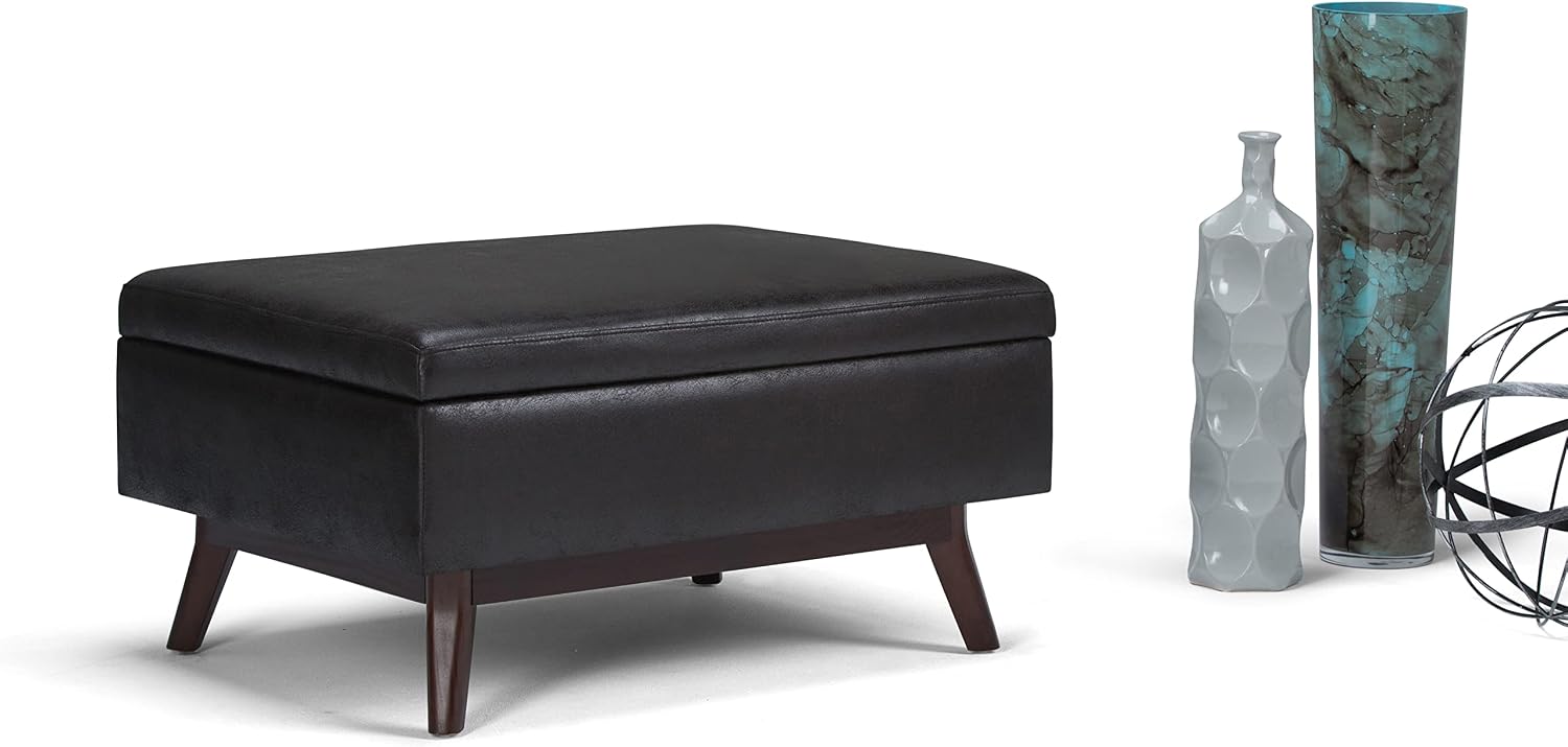 SIMPLIHOME Owen Coffee Table Storage Ottoman - 34' Wide x 19' High Upholstered Vegan Leather Rectangular Lift-Top Ottoman in Distressed Black, Mid-Century Bench for Living Room with Tapered Legs