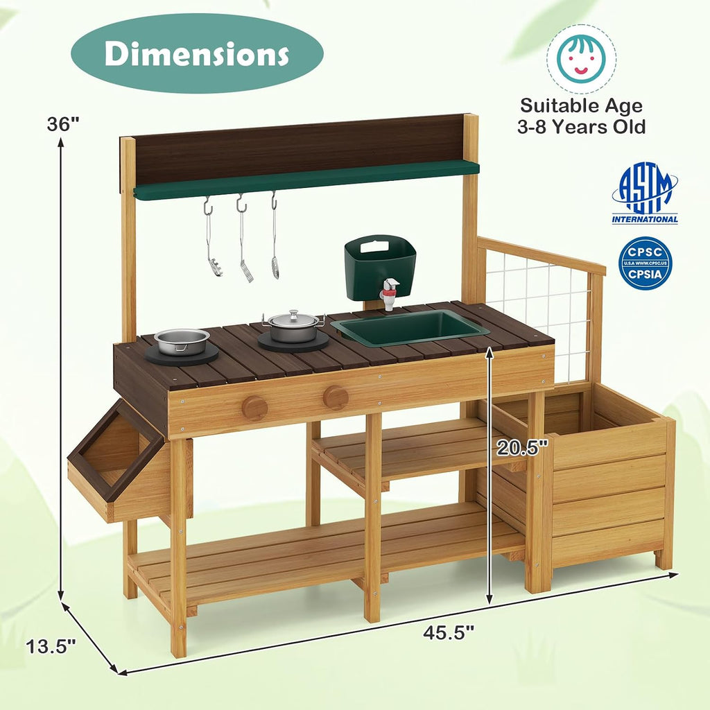 Costzon Mud Kitchen, Wooden Kids Potting Bench w/Removable Faucet, Sink, Stoves, Rotation Knobs, Planter Boxes, Trellis & Cooking Accessories, Mud Kitchen for Kids Outdoor 3-8 (Brown)
