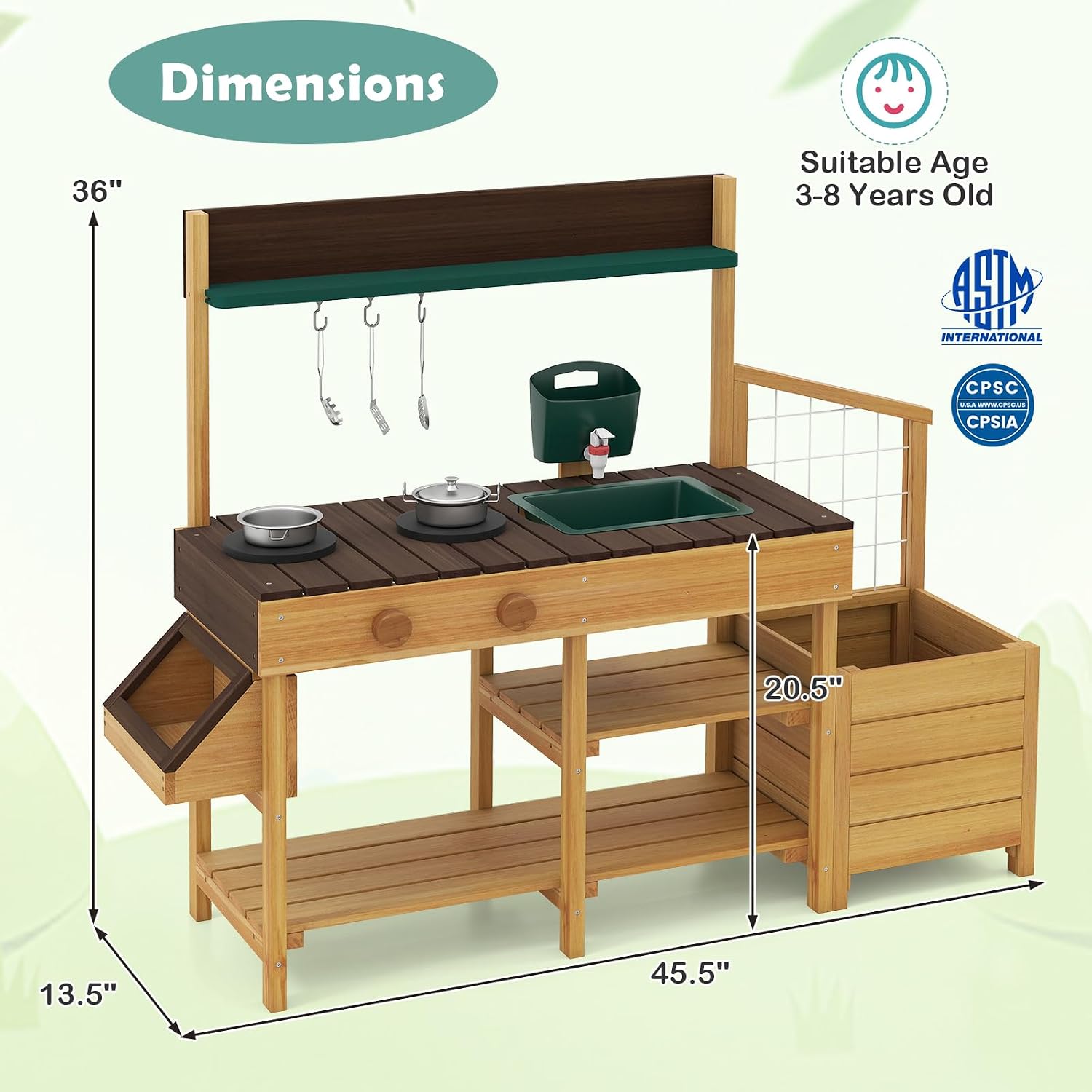 Costzon Mud Kitchen, Wooden Kids Potting Bench w/Removable Faucet, Sink, Stoves, Rotation Knobs, Planter Boxes, Trellis & Cooking Accessories, Mud Kitchen for Kids Outdoor 3-8 (Brown)
