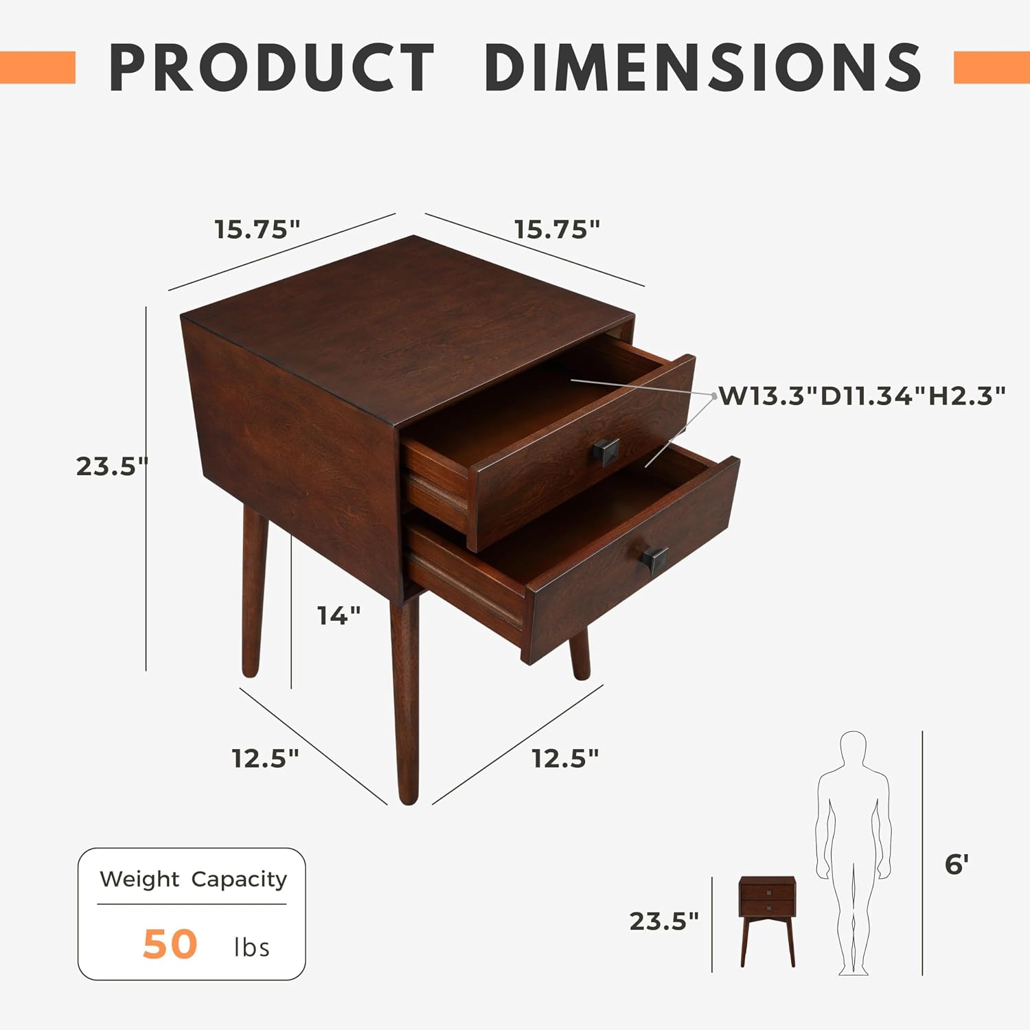 24/7 Shop at Home Goerge Mid-Century Modern Nightstand, Solid Rubber Wood Dresser, Small Bedside Tables with 2 Drawers, with Tapered Legs for Bedroom, Living Room, Home Office, Espresso Brown