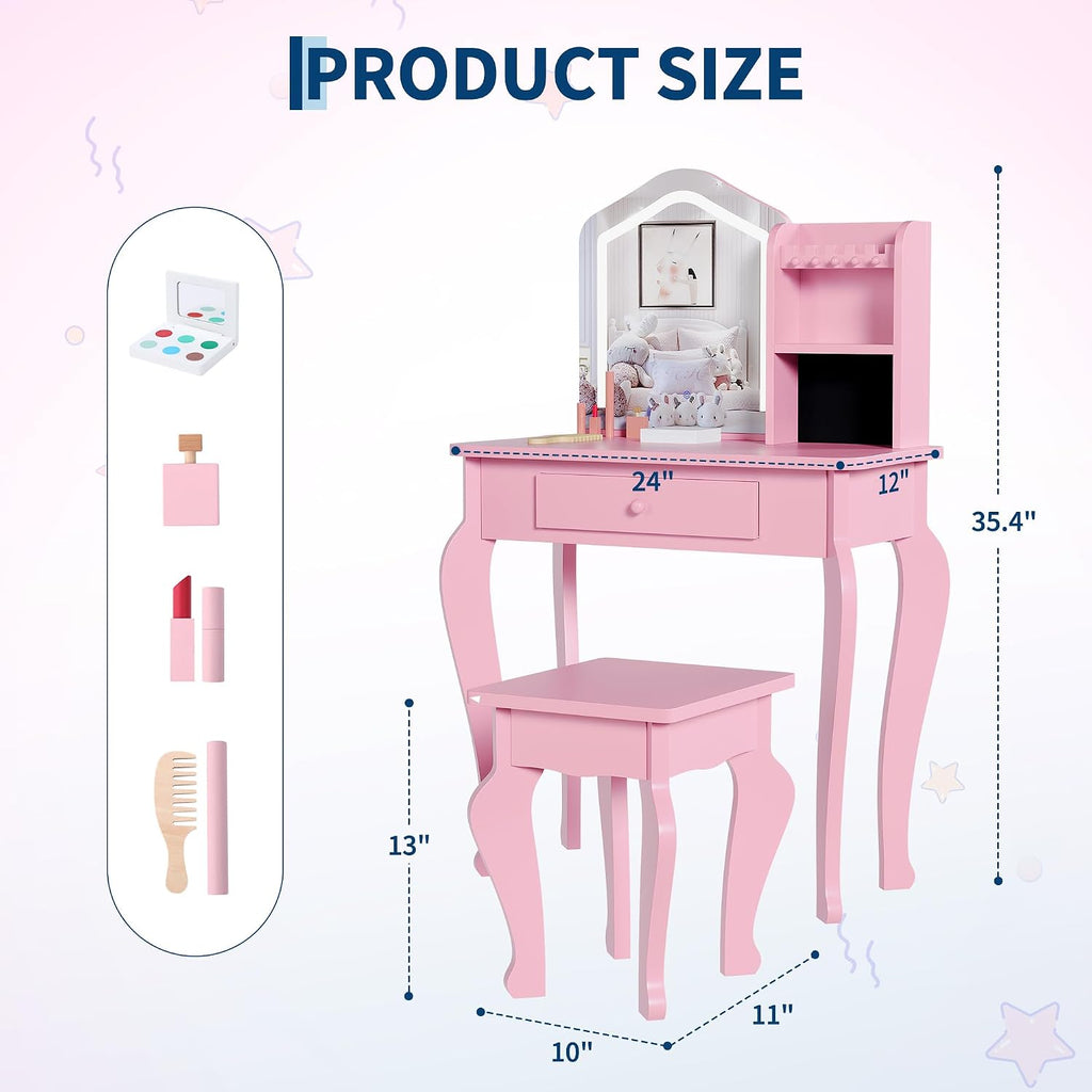 GarveeHome Kids Vanity with Lighted Mirror, Toddler Vanity Table and Chair Set, Girls Makeup Playset, Pink