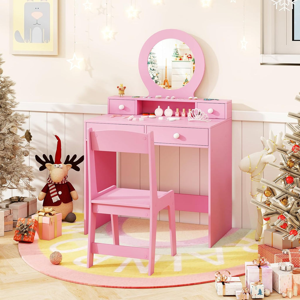HONEY JOY Kids Vanity, Little Girls Vanity Set with Mirror and Stool, Drawers, Toddler Makeup Vanity Dressing Table, Wooden Pretend Play Kids Vanity Table and Chair Set (Pink)