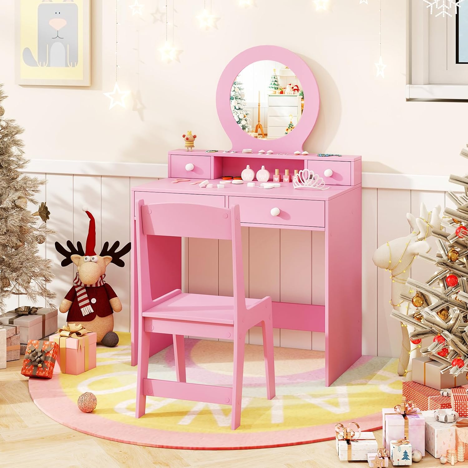 HONEY JOY Kids Vanity, Little Girls Vanity Set with Mirror and Stool, Drawers, Toddler Makeup Vanity Dressing Table, Wooden Pretend Play Kids Vanity Table and Chair Set (Pink)