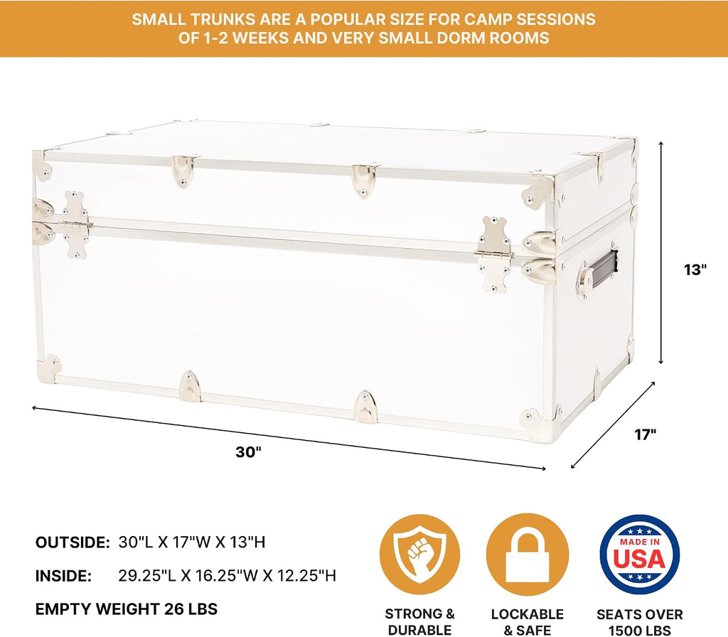 Rhino Trunk & Case Classic Camp & College Trunk with Wheels. 30'x17'x13', 1500+ lbs Capacity - Many Colors, Soft-Close Lid. Strong, USA Made Summer Camp Footlocker and Secure Dorm Storage Chest