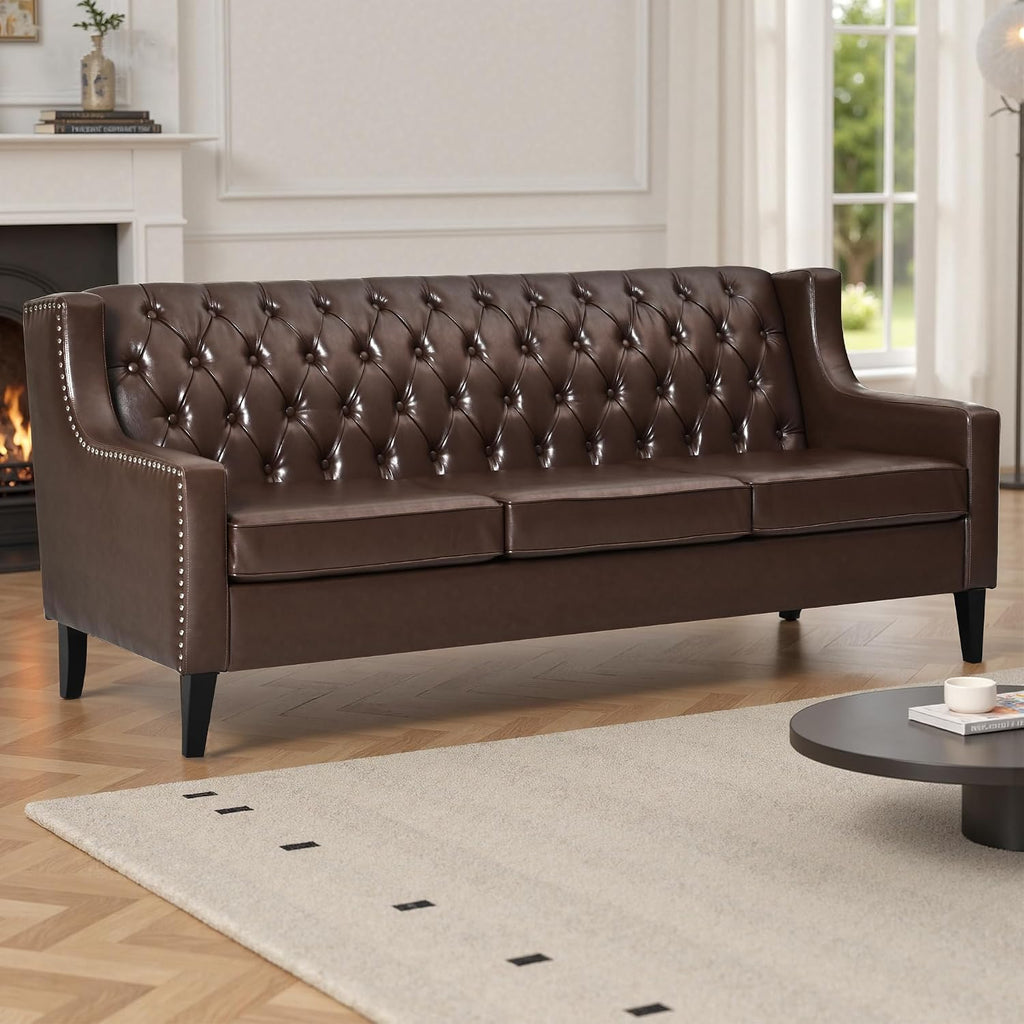 GDFStudio 78.75' 3-Seater Sofa, Button Tufted Backrest Big Comfy Couch with Cushions, Mid Century Modern Couches Home Living Room Sofa, Upholstered Sofas & Couches for Apartment Bedroom, Dark Brown