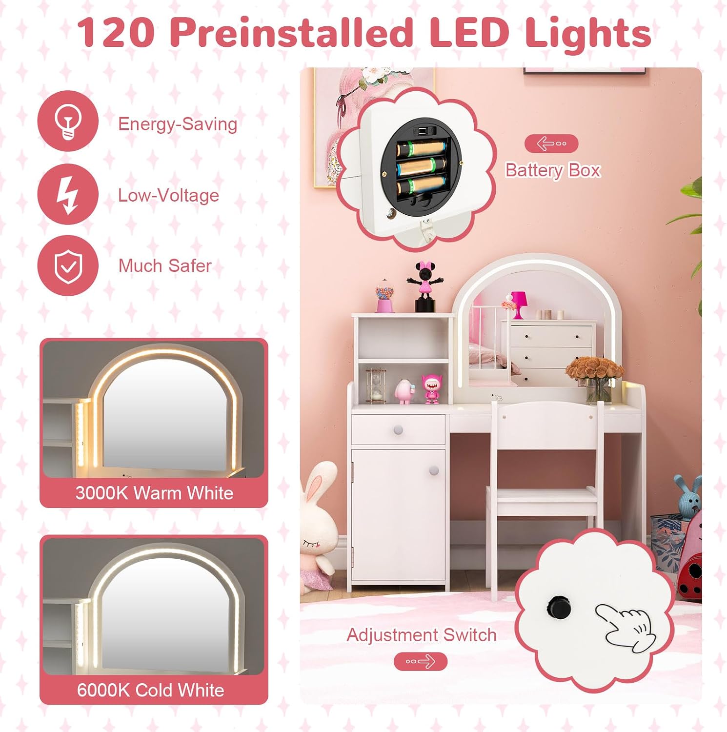 HONEY JOY Kids Vanity with Lights, Little Girls Vanity Set with Mirror and Stool and Lights, Wooden Princess Makeup Dressing Table, Storage Cabinet, Pretend Play Kids Vanity Table and Chair Set(White)