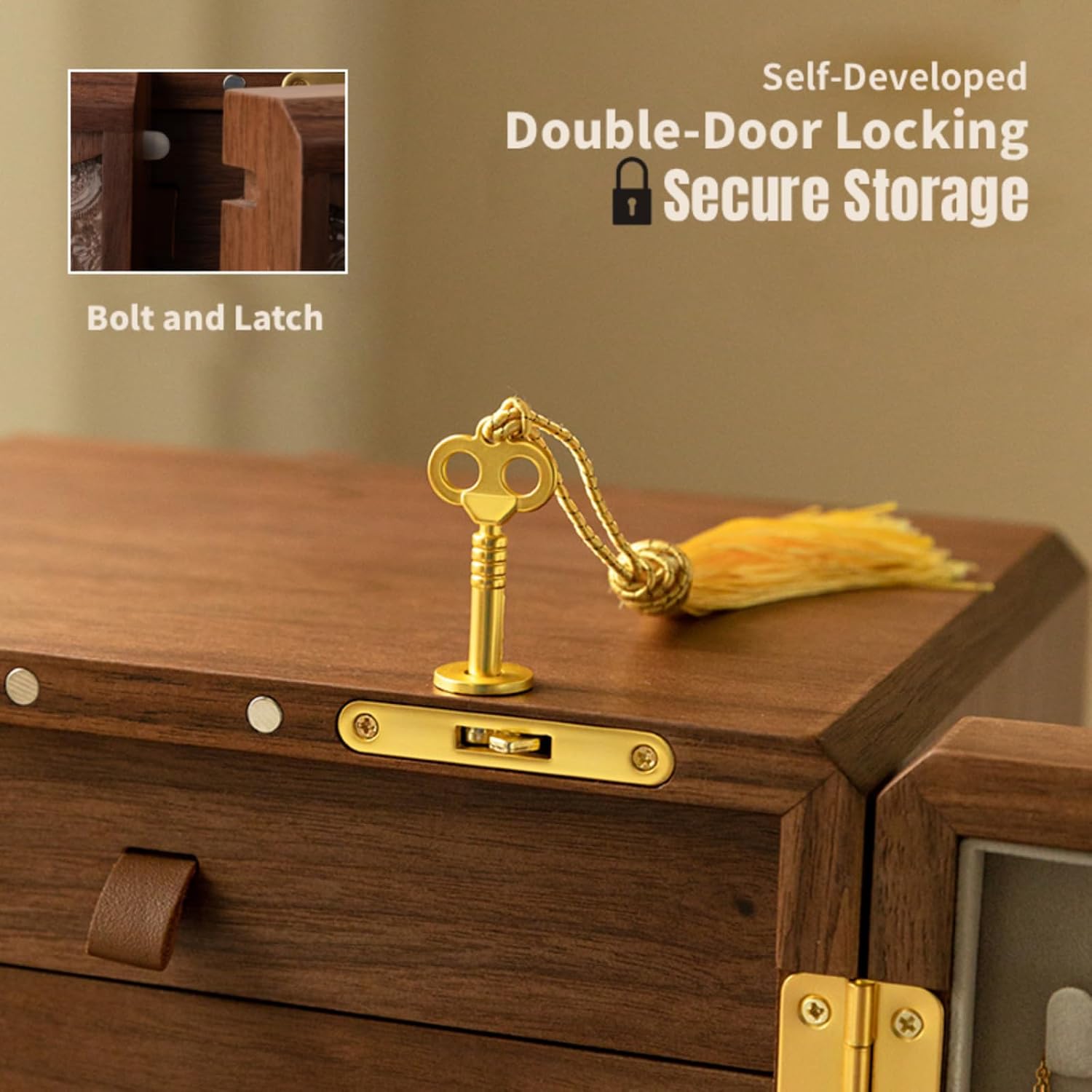 Kinsuite Black Walnut Jewelry Box - 5-tier Jewelry Organizer with Secure Double-Door, Safe with Lock for Earring, Ring, Necklace, Bracelets with Mirror