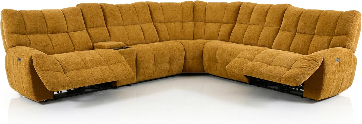 Furniture of America Tavie Modern Reclining Sofa with Storage Console and Cup Holders, Sectional Recliner, L Shaped Couch for Living Room, Home Theater, Playroom, Butterscotch