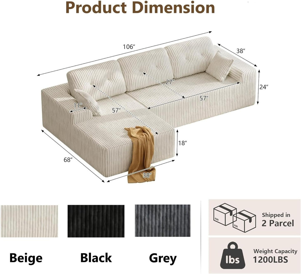 Ball & Cast 106''Cloud Couch Sectional with L-Shaped Chaise,Corduroy Upholstered Modular Sectional Sofa,Deep Seat Sectional Couches for Living Room,No Assembly Required (Beige,Left Facing Chaise)