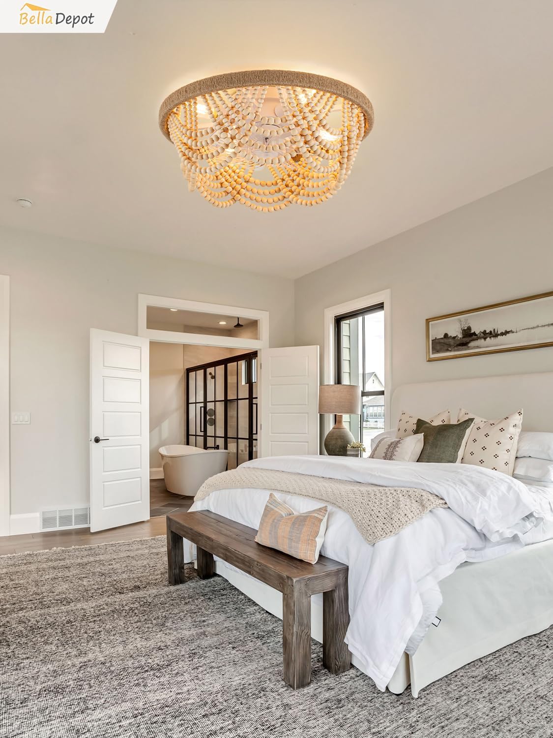 Bella Depot 20' Boho Caged Ceiling Fan with Light, Flush Mount Wood Beaded Fandelier Chandelier Fan, 6 Speeds Reversible Bladeless Ceiling Fan for Bedroom Kids Room Kitchen