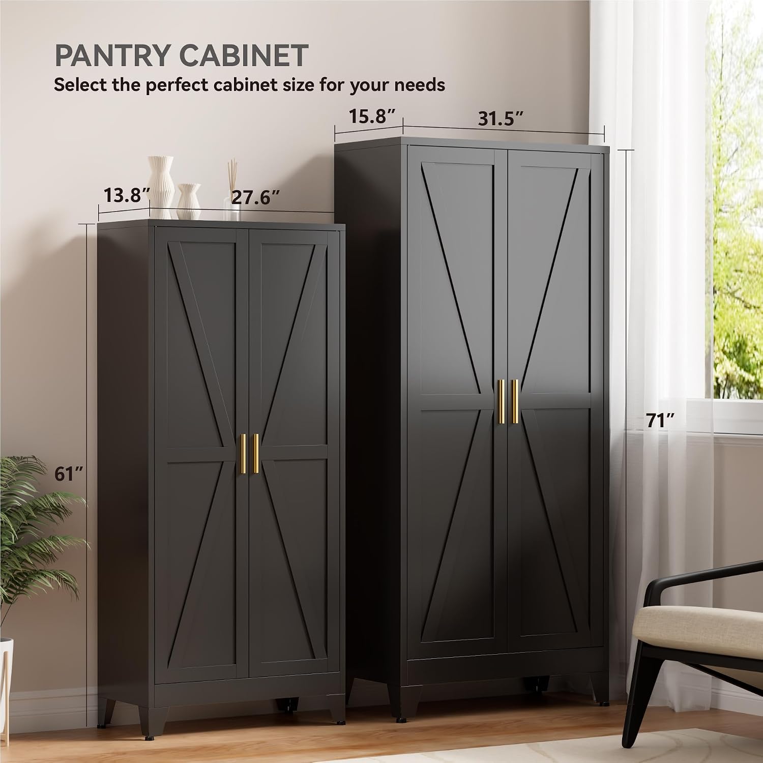 Farmhouse Pantry Cabinet with Barn Doors, 71' H x 31.5' W, 5-Tier Metal Storage Cabinet with 4 Adjustable Shelves for Kitchen Garage Dining Room, Black 1 Pack