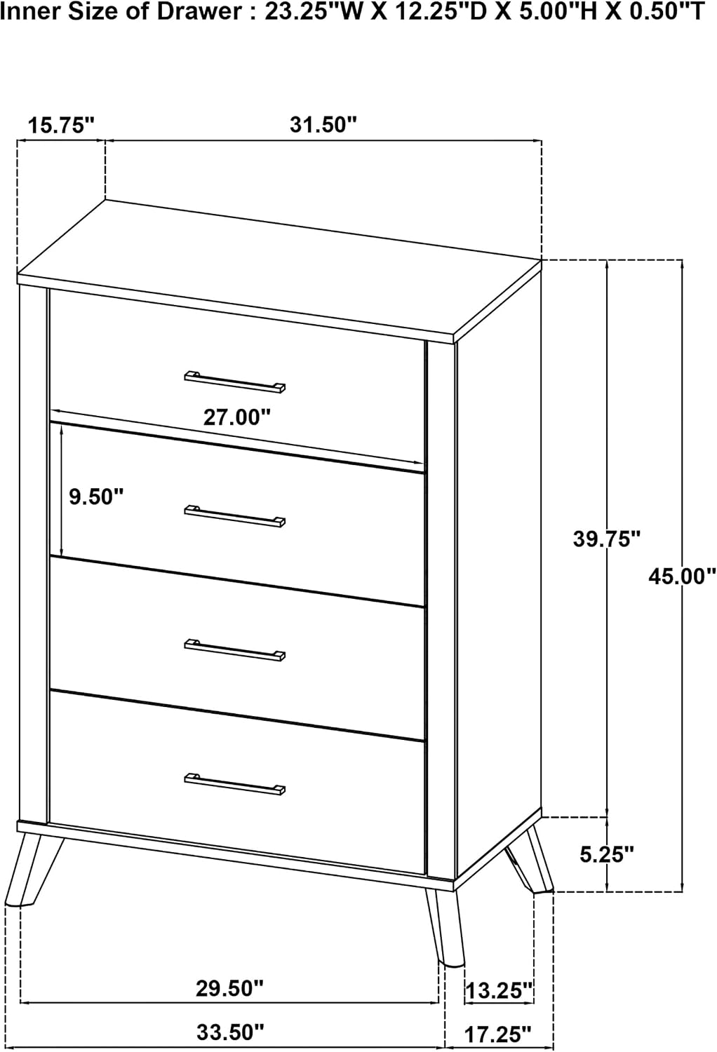Coaster Home Furnishings - Kaywood - Wood - 4-Drawer Chest with Matte Black Handles, English Dovetail Joinery and Center Metal Glides - Mid-Century Modern - Bedroom - Natural Pine - 225005