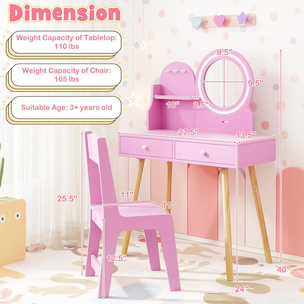 HONEY JOY Kids Vanity, Little Girls Vanity Set with Mirror and Stool and Lights, Drawers, Toddler Makeup Vanity Dressing Table, Wooden Pretend Play Kids Vanity Table and Chair Set (Pink)