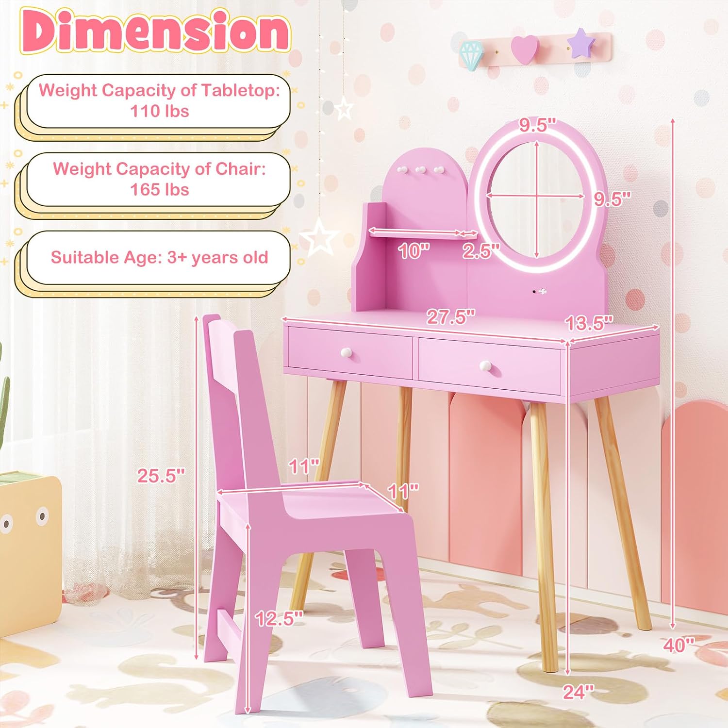 HONEY JOY Kids Vanity, Little Girls Vanity Set with Mirror and Stool and Lights, Drawers, Toddler Makeup Vanity Dressing Table, Wooden Pretend Play Kids Vanity Table and Chair Set (Pink)