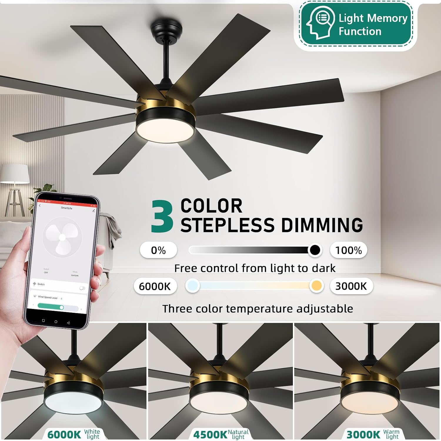YITAHOME 60 Inch Black Gold Ceiling Fan with Lights and Remote,8 Blades,App Control, Modern Smart Ceiling Fan Compatible with Alexa for Indoor, Reversible Quiet Motor, Memory Function