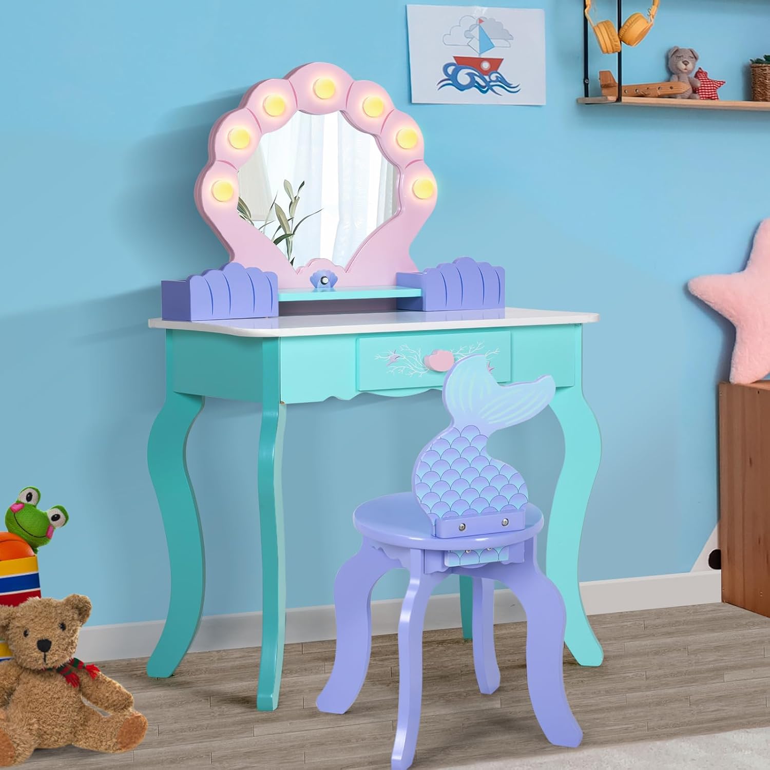 BRINJOY Kids Vanity with Lights, Wooden Princess Vanity for Girls, 2 in 1 Ocean Theme Toddler Dressing Table and Chair Set, Little Girl Makeup Vanity with Mirror for Children Birthday