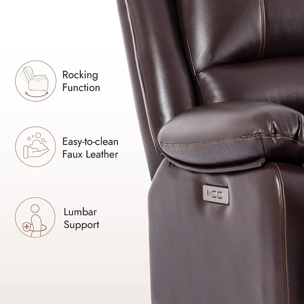 Watson & Whitely Power Recliner Chair for Adults, Faux Leather Electric Reclining Chair for Living Room, Upholstered Recliner with USB Port, Dark Brown