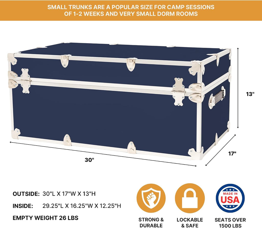 Rhino Trunk & Case Classic Camp & College Trunk with Wheels. 30'x17'x13', 1500+ lbs Capacity - Many Colors, Soft-Close Lid. Strong, USA Made Summer Camp Footlocker and Secure Dorm Storage Chest
