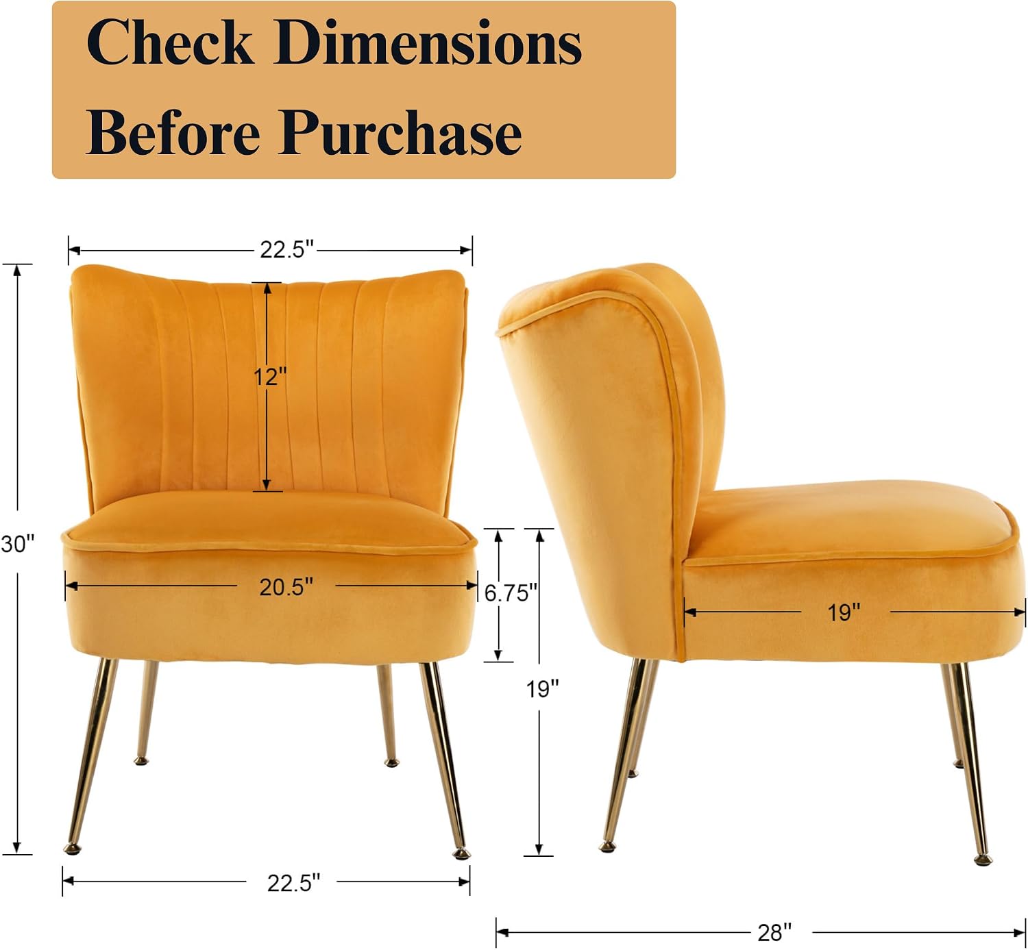 Velvet Accent Chair Set of 2 Comfy Living Room Chair Armless Slipper Mid Century Side Single Sofa Chair with Golden Legs Wingback for Bedroom Guest Room, Yellow