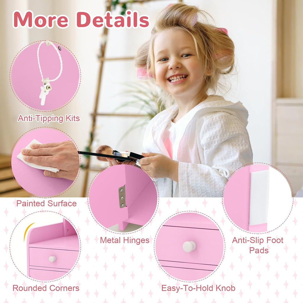 HONEY JOY Kids Vanity with Lights, Little Girls Vanity Set with Mirror and Stool and Lights, Wooden Princess Makeup Dressing Table, Storage Cabinet, Pretend Play Kids Vanity Table and Chair Set(Pink)