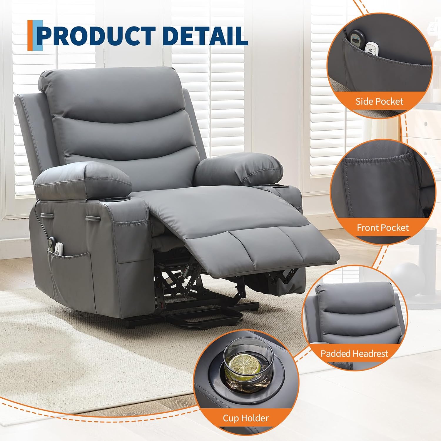 GarveeHome Power Lift Recliner Chair for Elderly, Oversized Electric Lift Chair with Heat and Massage, PU Leather Adjustable Recliner with Cup Holders & Side Pocket for Living Room, Gray