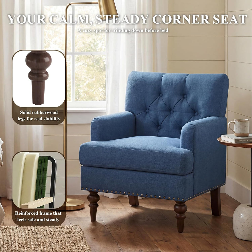 MALOL Upholstered Accent Chair, Comfy Reading Chair for Living Room, Mid Century Modern Armchair with Thick Cushion & Solid Rubberwood Legs, for Bedroom/Small Spaces, Blue