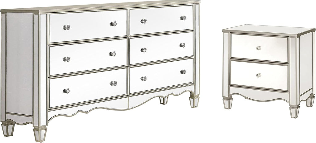 HOMES: Inside + Out Bowne Glam 2-Piece Wood USB Port Nightstand and 6-Drawer Dresser Set for Bedroom, Silver