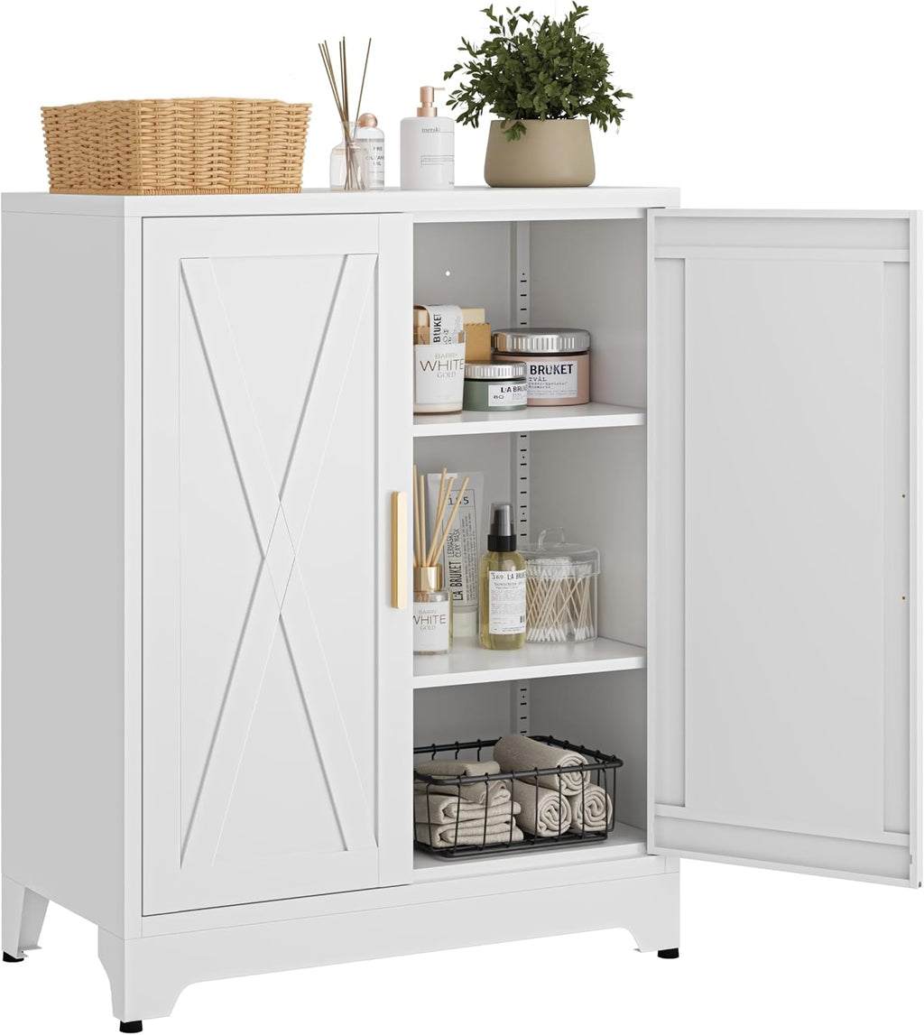 39.5'H Farmhouse Metal Floor Cabinet,31.5' Wide by 15.8' Deep Sideboard Storage with 2 Adjustable Shelves,Modern Cabinet for Bathroom Entryway Living Room Hallway Dining Room Kitchen,White