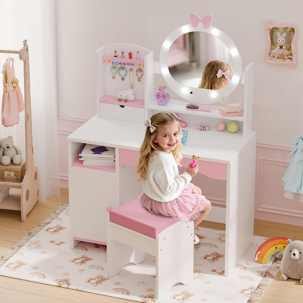 TOLEAD Kids Vanity, Girls Vanity Set with Mirror and Stool and Lights, Toddler Vanity Table and Chair Set with Jewelry Storage, Wooden Princess Makeup Desk Dressing Table for Girls (White)
