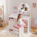 TOLEAD Kids Vanity, Girls Vanity Set with Mirror and Stool and Lights, Toddler Vanity Table and Chair Set with Jewelry Storage, Wooden Princess Makeup Desk Dressing Table for Girls (White)