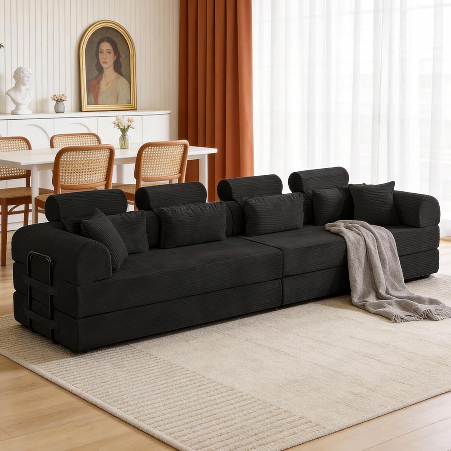 KEIKI 6-in-1 Folding Convertible High Back Sofa Sleeper, 106' Oversized Modular Sectional Corduroy Upholstered L Shape Couch for Living Room, Chaise Lounge Indoor for Modern Minimalist Family,Black