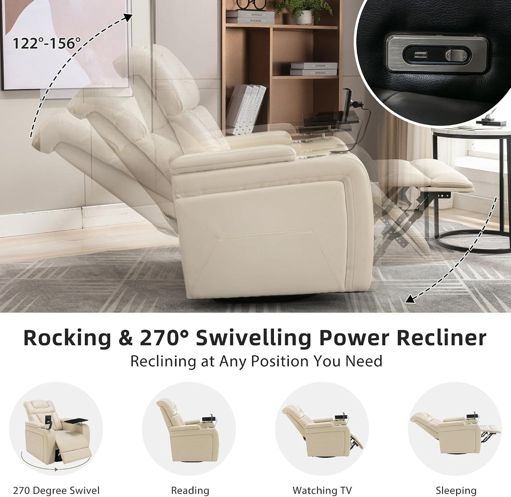 Ball & Cast Power Recliner Chair,270 Degree Swivel PU Leather Home Theater Seating for Living Room,Soft Individual Chair with Tray Table, Phone Holder,Cup Holder,USB Port,Hidden Arm Storage,White