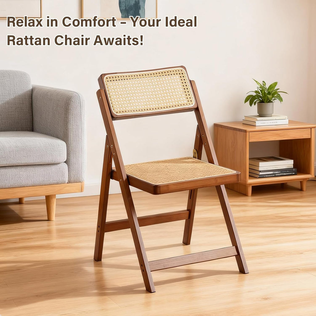 Furlide Rattan Folding Chairs, Modern Mid Century Dining Chairs Set of 2, Outdoor Bamboo Chairs for Bedroom Living Room Reading Room Dining Kitchen, Walnut