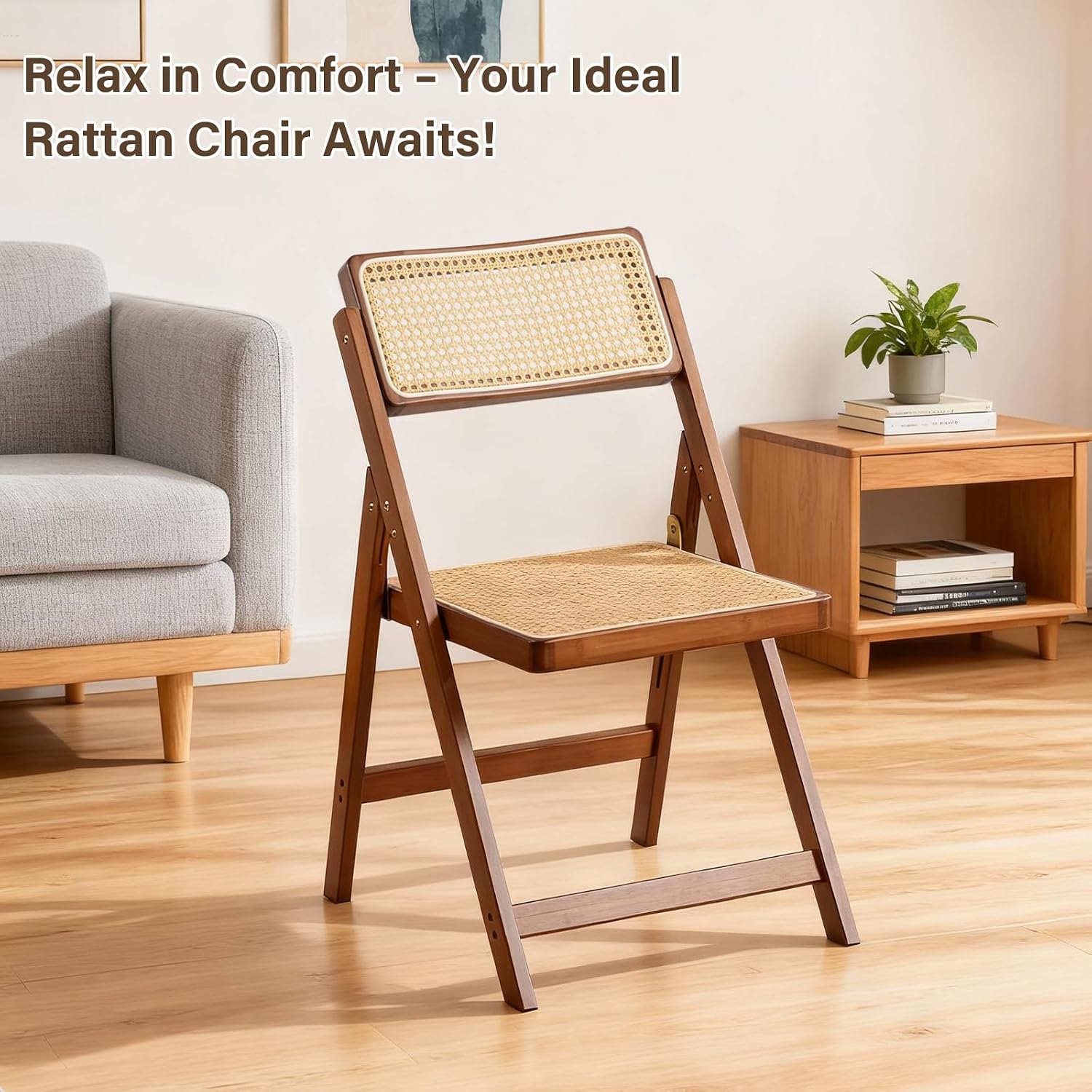 Furlide Rattan Folding Chairs, Modern Mid Century Dining Chairs Set of 2, Outdoor Bamboo Chairs for Bedroom Living Room Reading Room Dining Kitchen, Walnut
