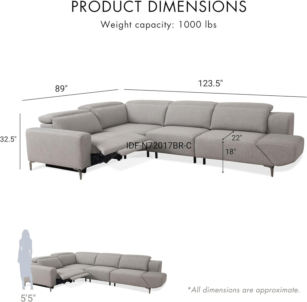 Furniture of America Kirel Modern Sectional Recliner with USB Ports, Adjustable Headrests and Swivel Armrest, Reclining Sofa, L Shape Couch for Living Room, Office, Home Theater, Playroom, Light Grey