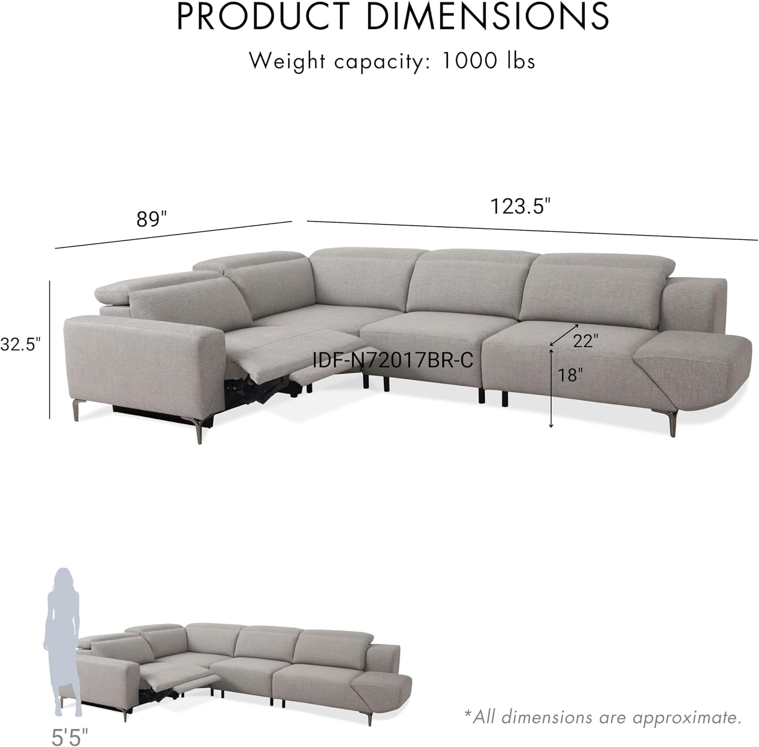 Furniture of America Kirel Modern Sectional Recliner with USB Ports, Adjustable Headrests and Swivel Armrest, Reclining Sofa, L Shape Couch for Living Room, Office, Home Theater, Playroom, Light Grey